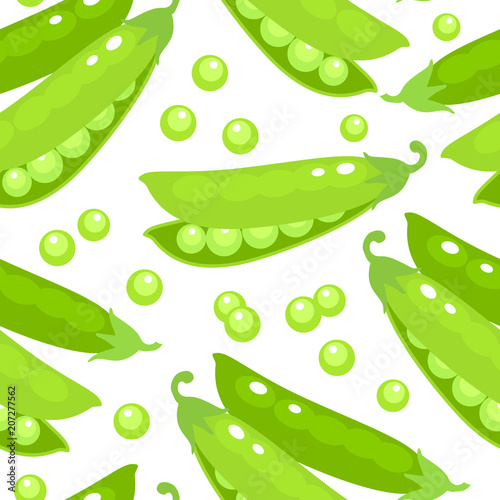 Seamless background. Green pea pod. Vector illustration cartoon flat icon isolated on white.