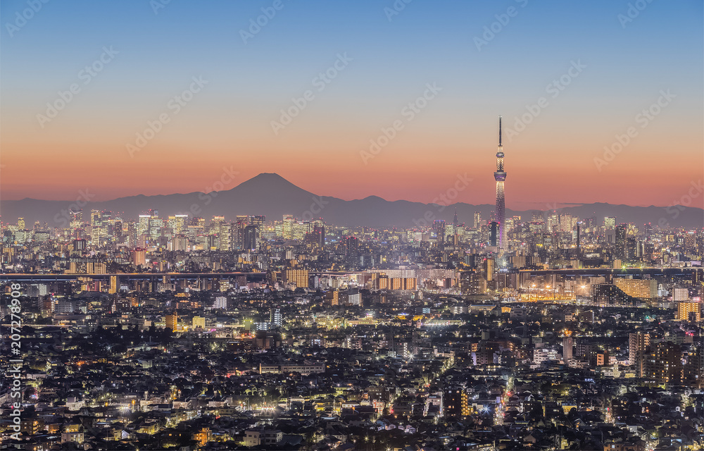 Tokyo night view , Tokyo Skytree landmark with Tokyo downtown building area and Mountain Fuji in winter season