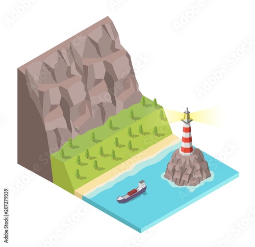 Isometric lighthouse on rock and ship vector