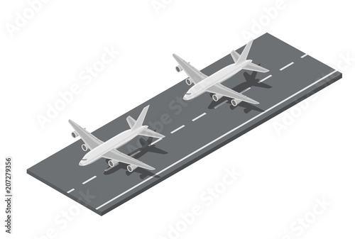 Isometric low poly airport terminal. International arrival departures vector illustration airplane.