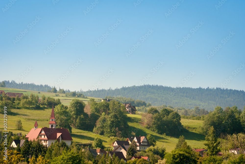 Houses among trees and shrubs located on the hill