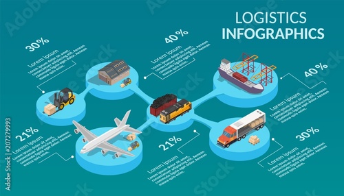 Infographic low poly isometric illustration with transportation process logistics big global network.