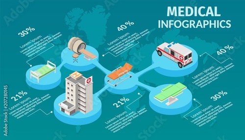 Vector isometric infographic low poly illustration city medical center hospital facades landscape.