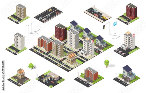 Isometric set of city cityscape vector low poly elements