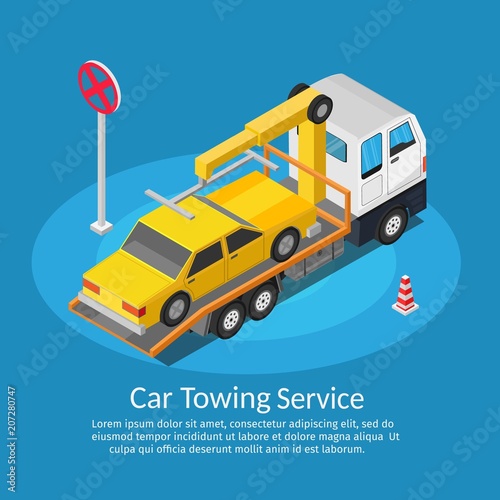 Isometric low poly Tow truck city road assistance service evacuator of Online car help design vector background illustration set