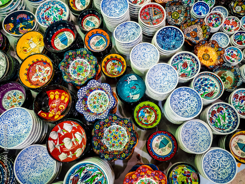 Handmade colorful Turkish ceramic plates on market.
