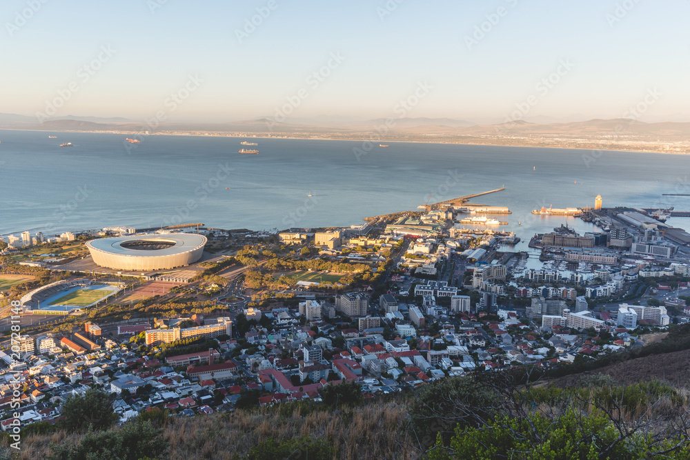 Late afternoon view of Green Point Stadium and Cape Town harbour