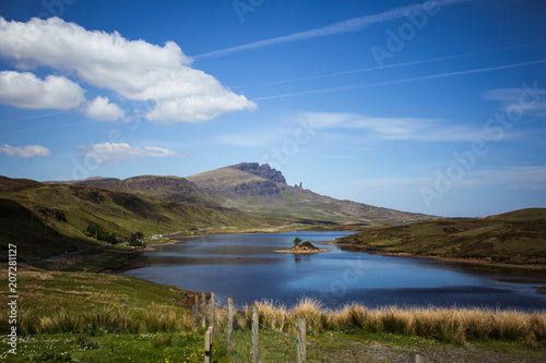 Scottish famous mountain and lake view of The Old Man of Storr in Skye