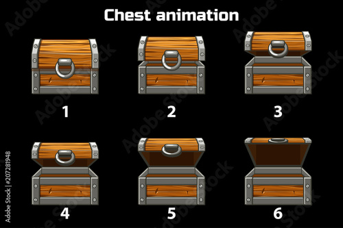 Animation step by step open and closed wooden chest, game assets