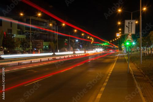 City night with the car traffic of the blurred light in Sveti Vlas, Bulgaria