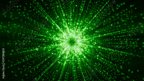 3D rendering of particles gathering in the center of virtual space. A bright explosion of a star made of particles photo