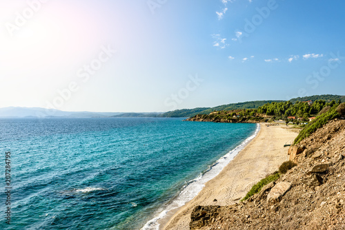 Fototapeta Naklejka Na Ścianę i Meble -  beach on the Mediterranean in a clear sunny day, Greece, Halkidiki.
