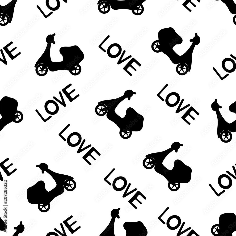 Seamless pattern with black mopeds and words Love on the white background.