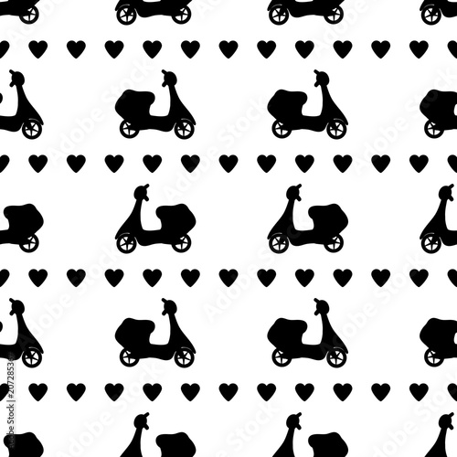 Seamless pattern with black mopeds and hearts on the white background.