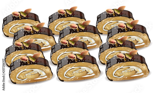 Homemade Chocolate and pistachio roll dessert Vector