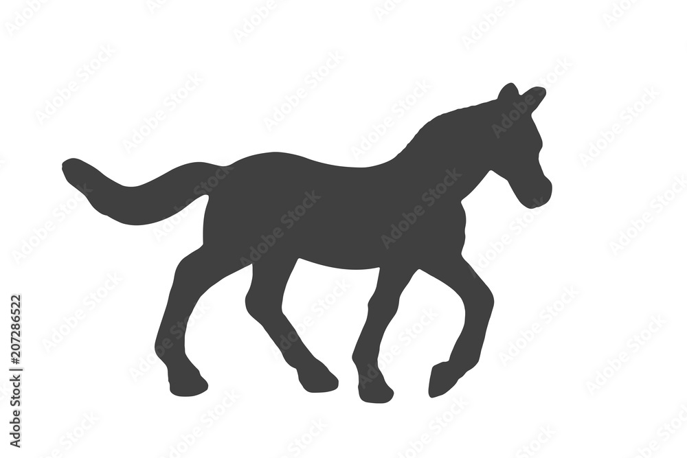 Black silhouette of horse isolated on white background.