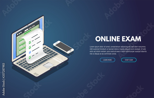Online exam computer web app. Isometric laptop with paper document printing from screen and phone. Online test or opinion checklist. Computer tests and examination paper.