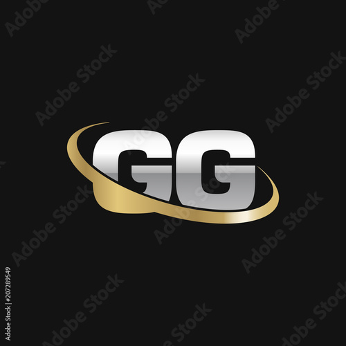 Initial letter GG, overlapping swoosh ring logo, silver gold color on black background photo