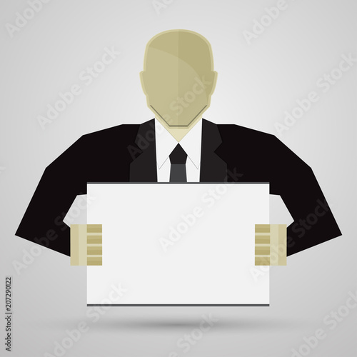 Businessman, holding blank banner.