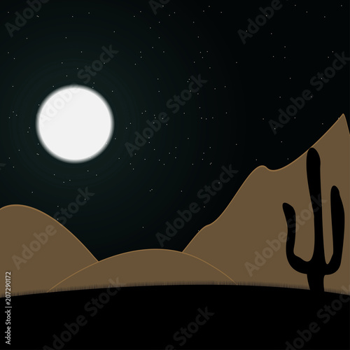The moon illuminates the night desert where cactus grows.