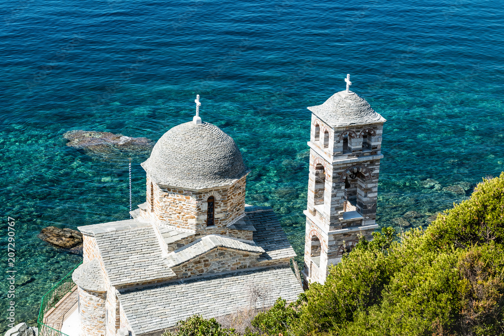 Beautiful Orthodox church on the coast of the Mediterranean Sea. Mount Athos
