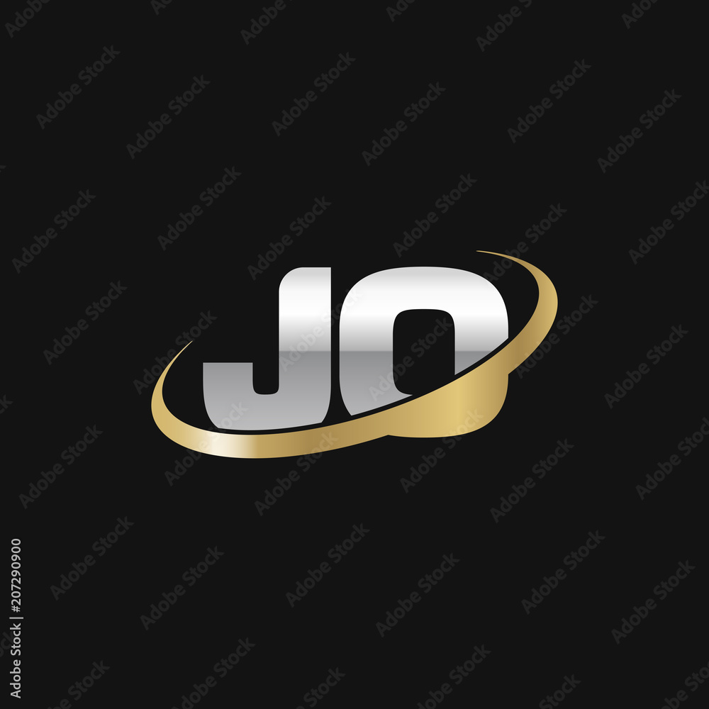Initial letter JO, overlapping swoosh ring logo, silver gold color on black background Initial letter JO, overlapping swoosh ring logo, silver gold color on black background