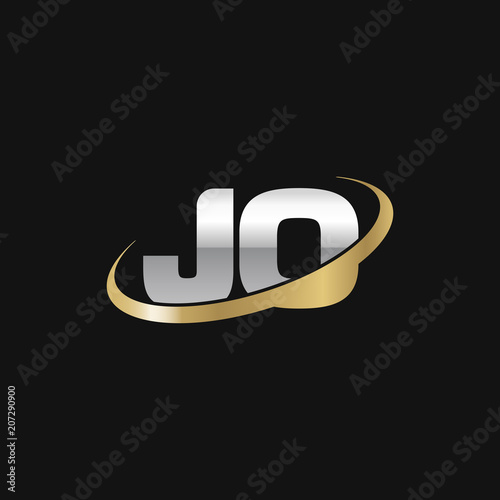 Initial letter JO, overlapping swoosh ring logo, silver gold color on black background