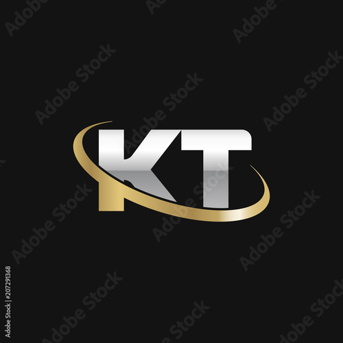 Initial letter KT, overlapping swoosh ring logo, silver gold color on black background