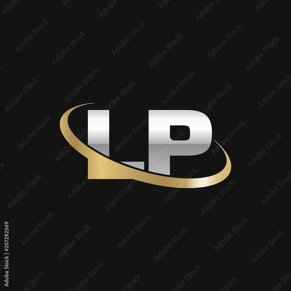 Initial letter LP, overlapping swoosh ring logo, silver gold color on black background Initial letter LP, overlapping swoosh ring logo, silver gold color on black background