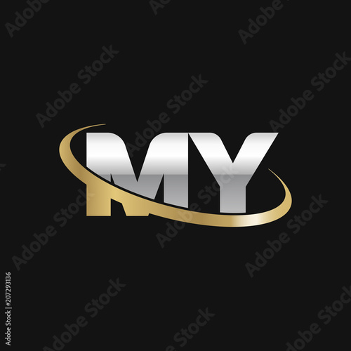 Initial letter MY, overlapping swoosh ring logo, silver gold color on black background