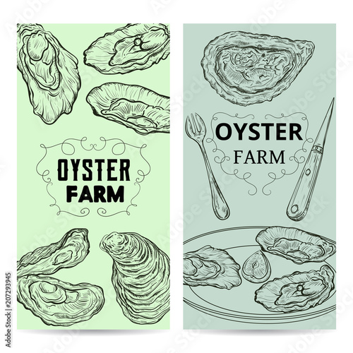 Oyster farm cards. Design template with oysters and cutlery. Engraved style.  Vector illustration 