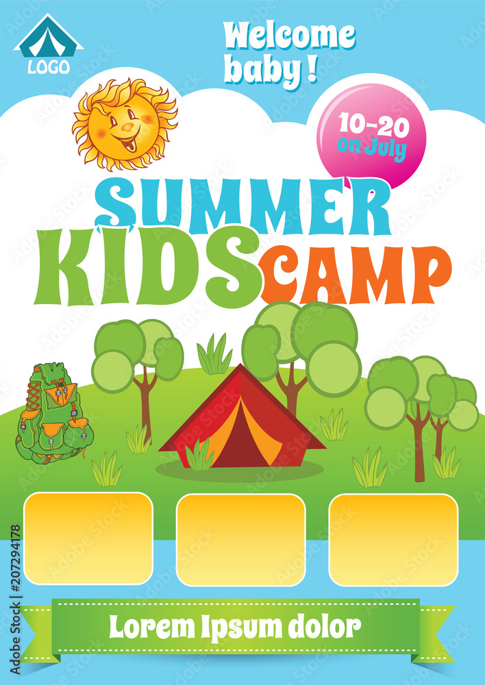 Kid Summer Camp Template, Camping Flyer, Summer Holiday advert, tourism  vector background Stock Vector | Adobe Stock