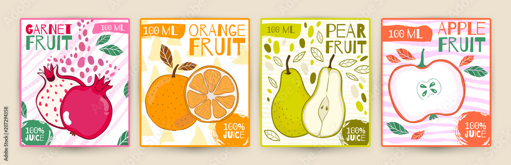 Set vector juice label fruit. Apple,garnet, pear, orange. Hand draw illustration. Food design for package.