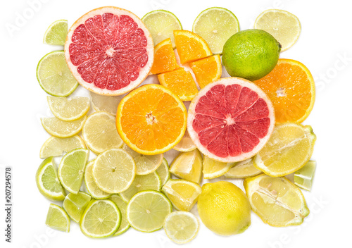 Orange lemon grapefruit lime citrus fruits Food background