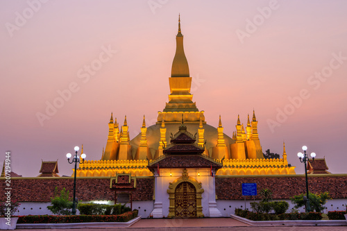 Pha That Luang  a gold buddhist stupa in the morning   landmark of Vientiane  Laos PDR.