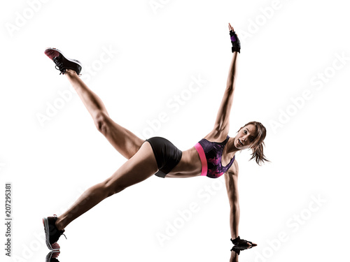 one caucasian woman exercising cardio boxing cross core workout fitness exercise aerobics silhouette isolated on white background