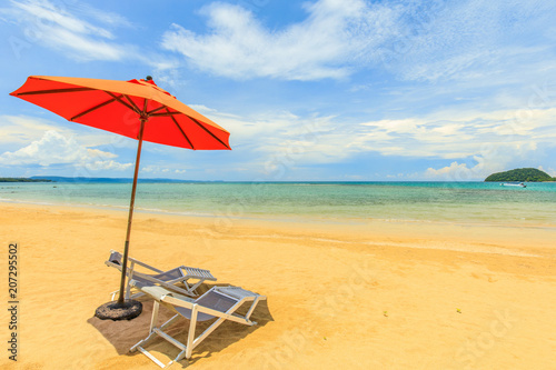 Red mbrella and chair on the tropical beach in  Koh Mak island  Trat province Thailand