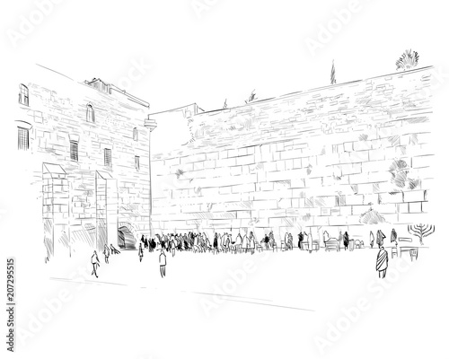 Israel. Jerusalem. Wall of Tears. Hand drawn sketch. Vector illustration.