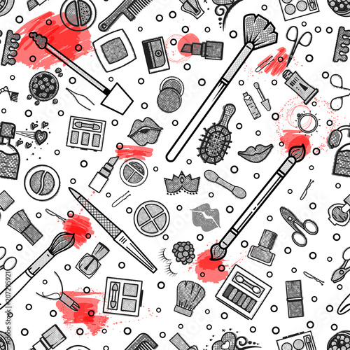 Makeup seamless pattern. Illustrations of different cosmetics. Lipstick and pomade, brushes for make up glamour. Vector background