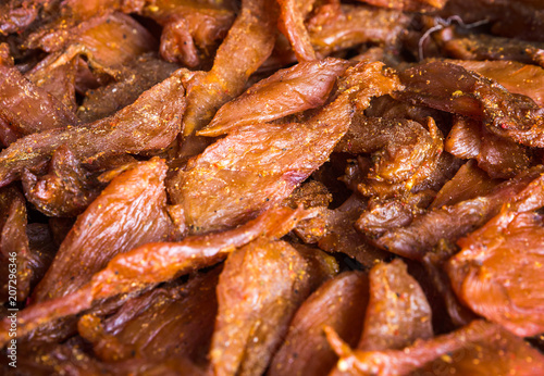 .Chicken jerky, from pieces of fillet in soy sauce