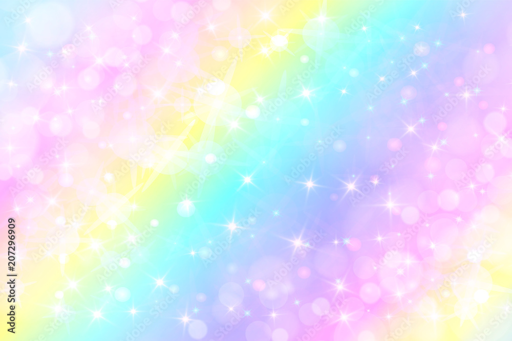 Fototapeta Ilustracja wektorowa holograficzne w pastelowym kolorze. Galaxy fantasy background. Pastelowe niebo z tęczą dla jednorożca. Chmury i niebo z bokeh.