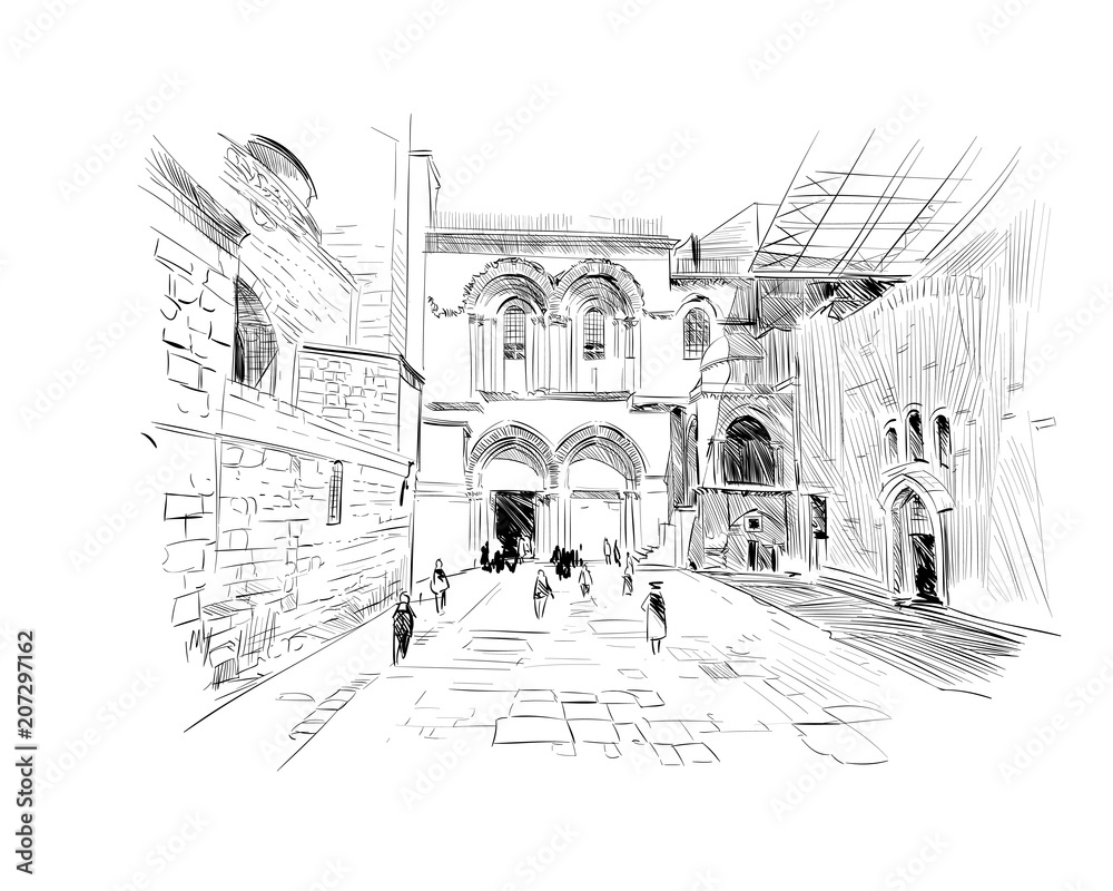 Israel. Streets of Jerusalem. Hand drawn sketch. Vector illustration.