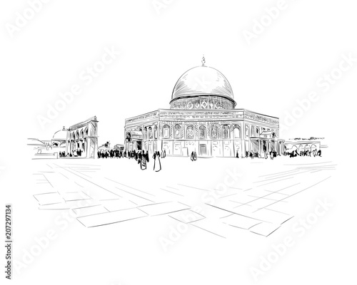 Israel. Jerusalem. Temple mount.  Dome of the Rock. Hand drawn sketch. Vector illustration.