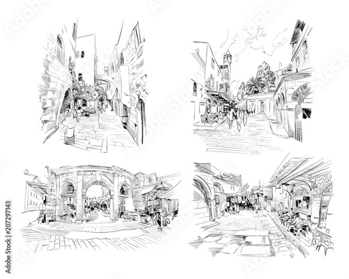 Israel. Set of streets of Jerusalem. Hand drawn sketch. Vector illustration.