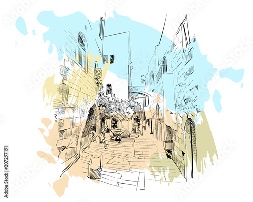 Israel. Streets of Jerusalem. Hand drawn sketch. Vector illustration.