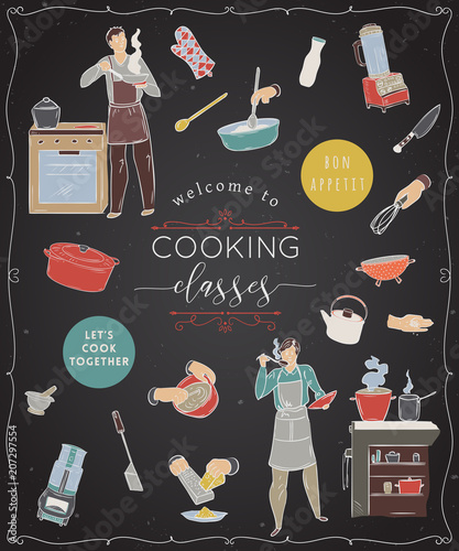 Cooking classes.Design template with people preparing meals, kitchen utensils and appliances. Isolated elements on white background. Vector illustration in sketch style 