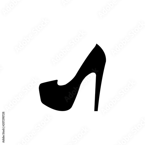 Female shoe with high heel. Elegant black slipper with spike heel on white background. Vector illustration. Good for wrapping, print, wallpaper.