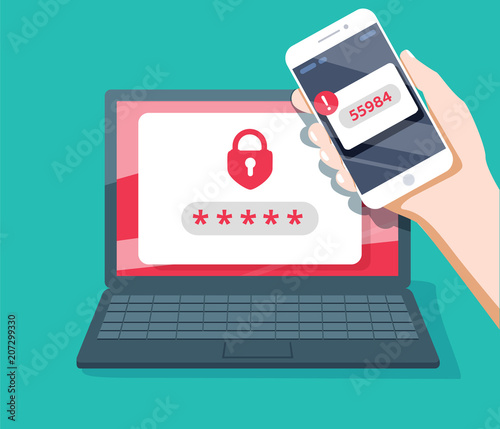 Two step authentication vector illustration, flat cartoon smartphone and computer safety login or signin