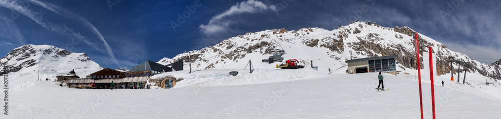 zugspitze mountain station and schneeferner glacier high definition panorama in the winter