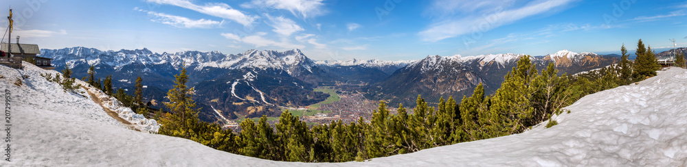 view from the wank mountain to the alps and the zugspitze mountain high definition panorama in the winter